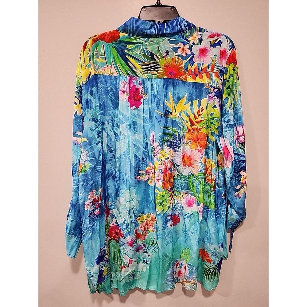 John Mark NWT Woman's 2xl Blue Tropical Button Up Collar Cinch Sleeve Tunic Top - Picture 7 of 9